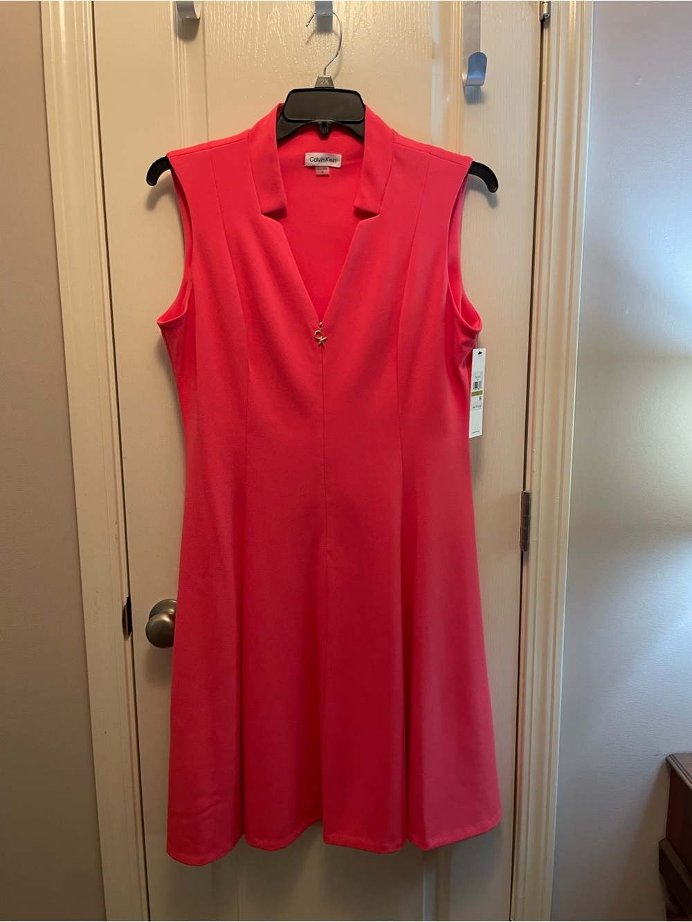 Calvin Klein Vibrant Coral Sleeveless V-Notch Fit-and-Flare Dress